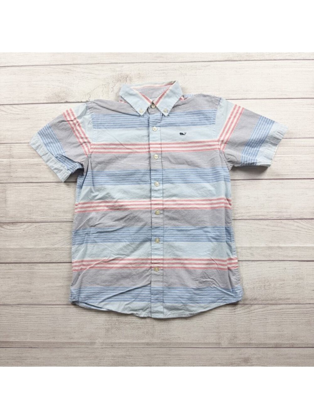 Vineyard Vines Boys Whale Shirt Button Down Striped Short Sleeve M 12-14